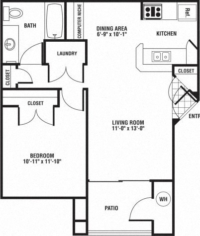 Floor plan for 1 bed, 1 bath, 650 sqft